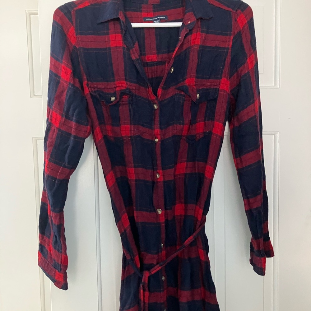 American Eagle Red and Blue Plaid Shirt Dress